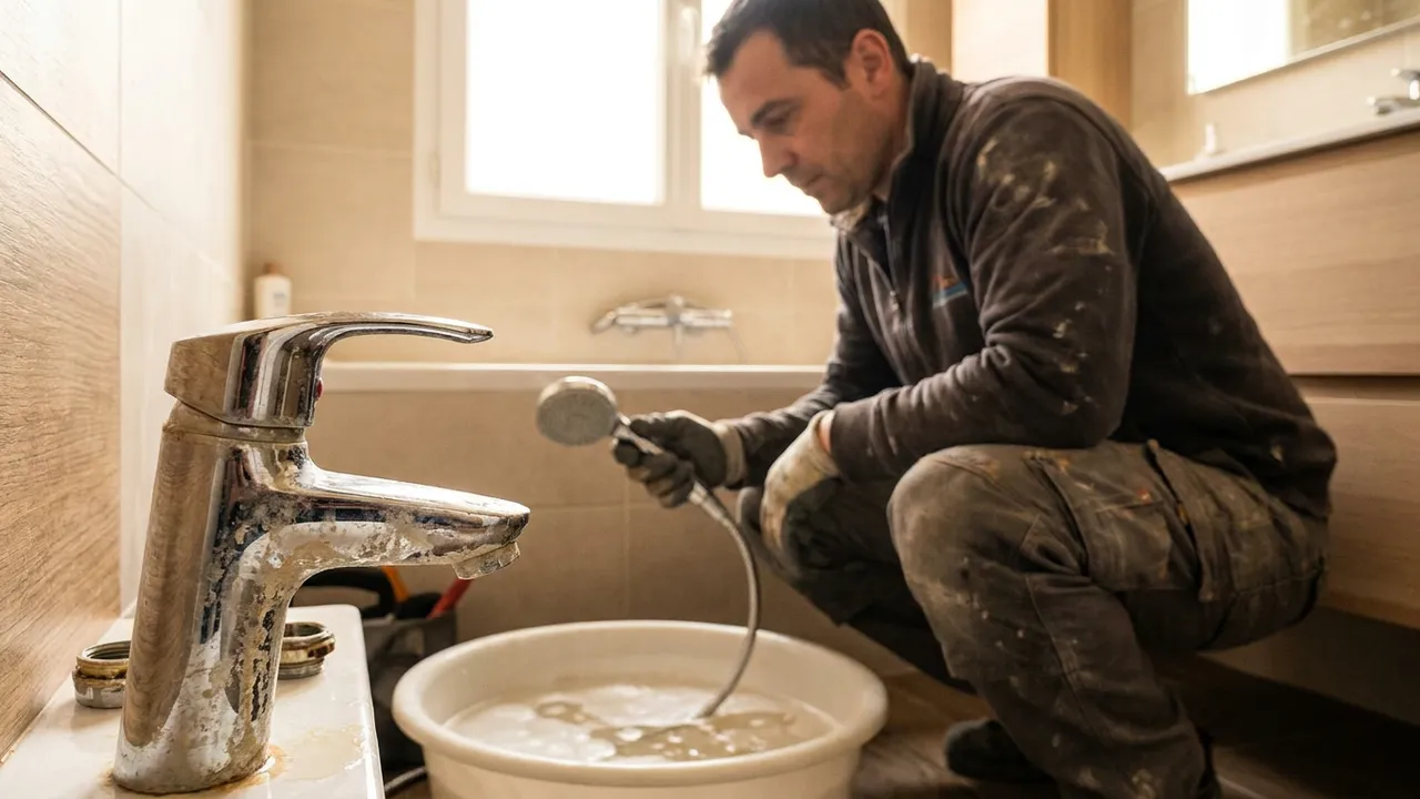 Plombier détartrant un pommeau de douche entartré et contrôlant les dépôts de calcaire sur la robinetterie à Bagneux
