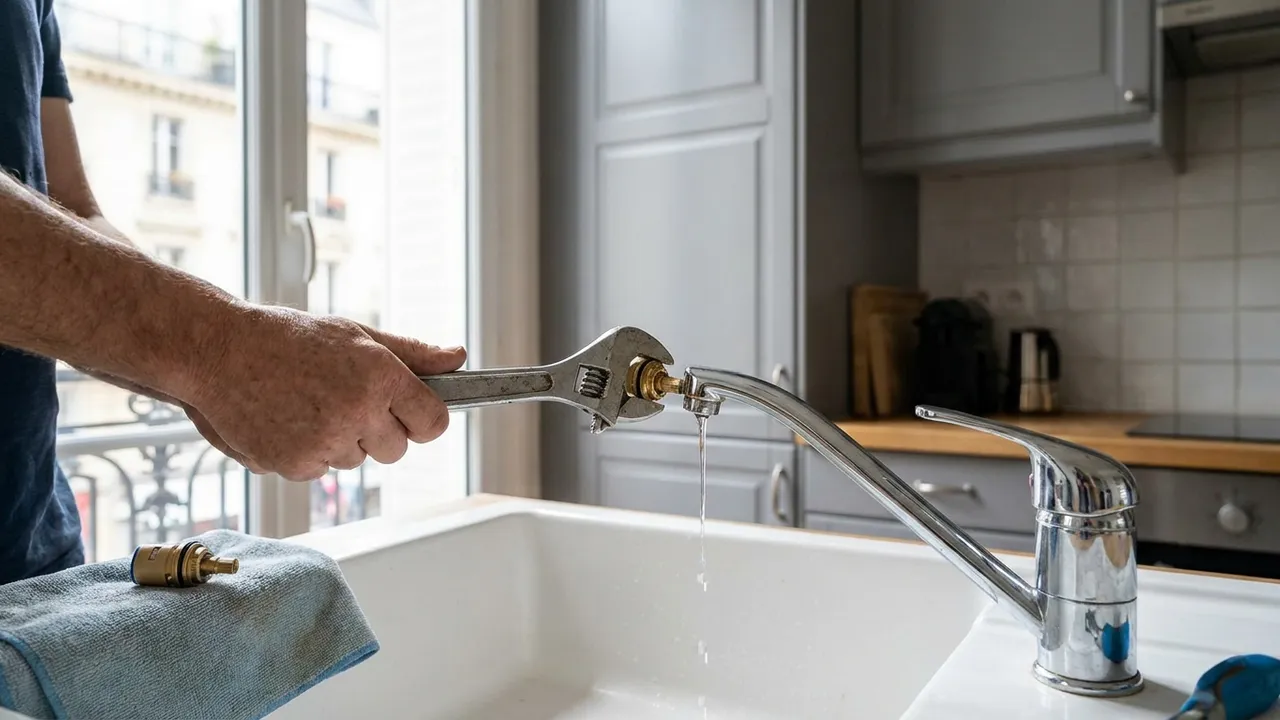 Gros plan sur les mains d'un plombier remplaçant la cartouche d'un mitigeur de cuisine à Bagneux