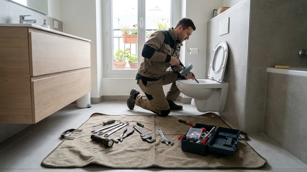 Plombier utilisant un furet professionnel pour déboucher des toilettes dans une salle de bain à Bagneux